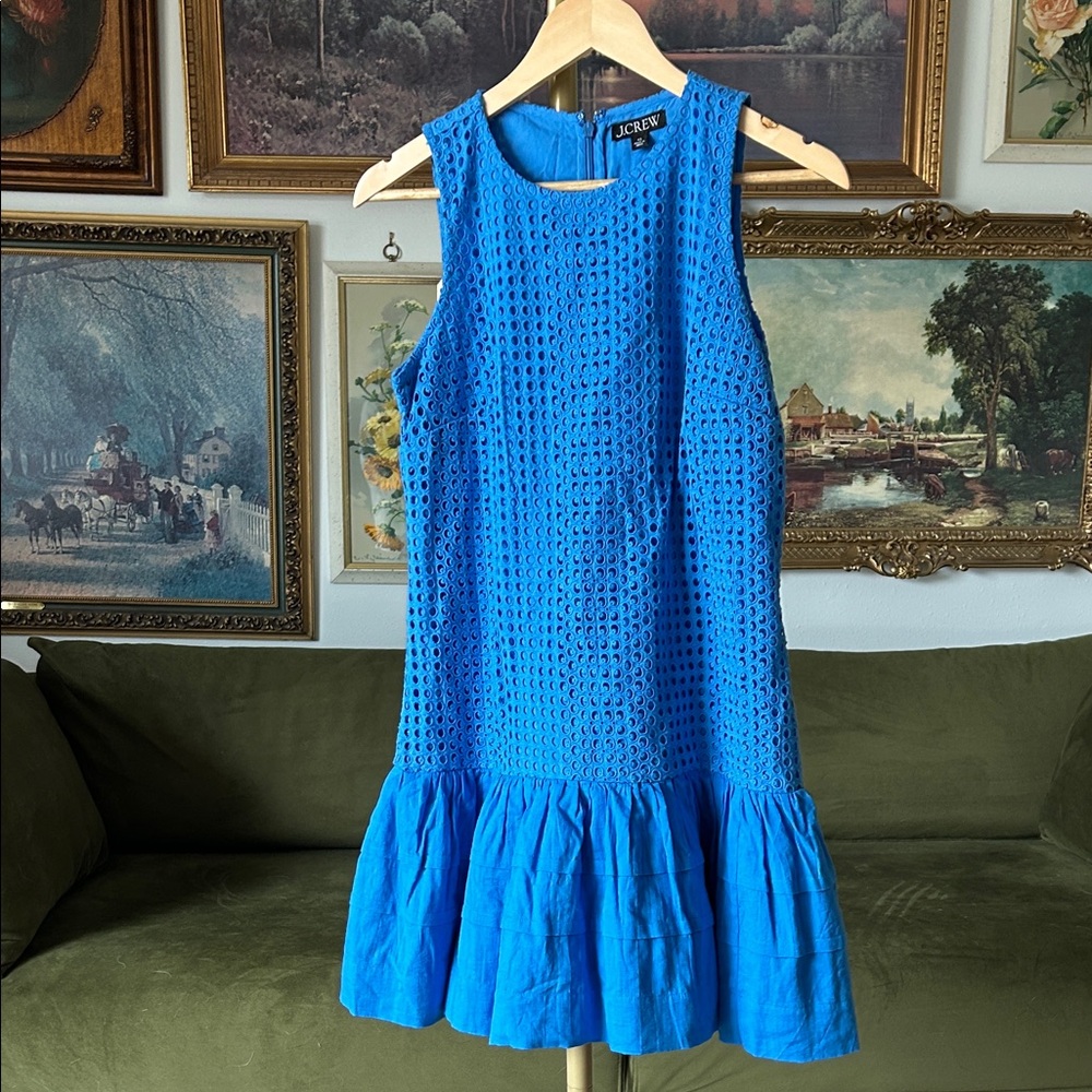 J. Crew Pleated Hem Shift Dress in Vibrant Blue Eyelet